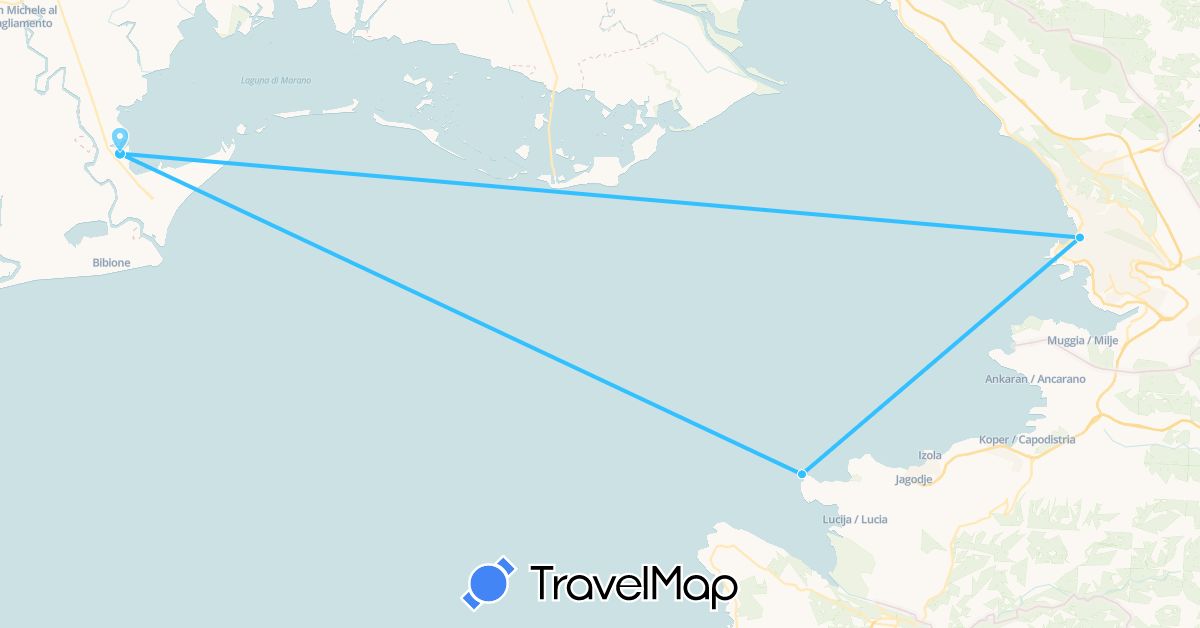 TravelMap itinerary: driving, boat in Italy, Slovenia (Europe)